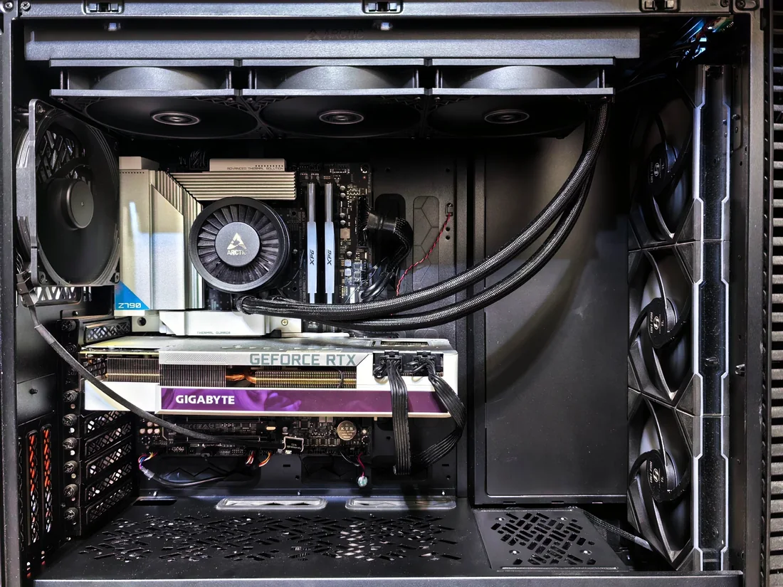 Gaming PC interior with RTX graphics card and RGB cooling